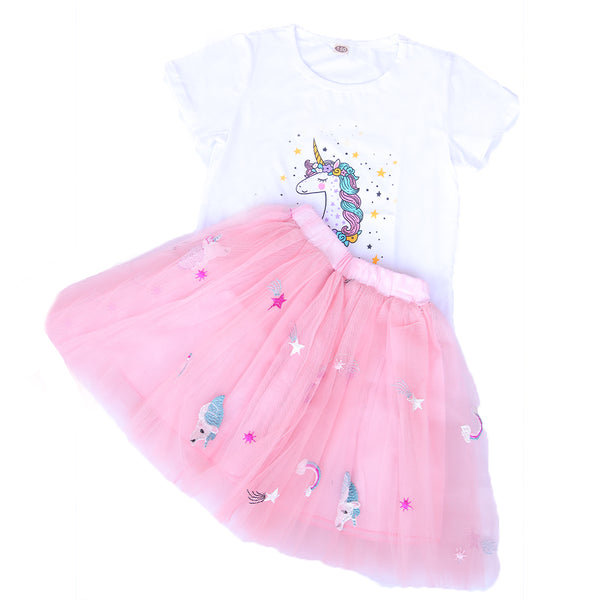 Ms. Unicorn - White & PInk - 2 Pcs Shirt & Skirt