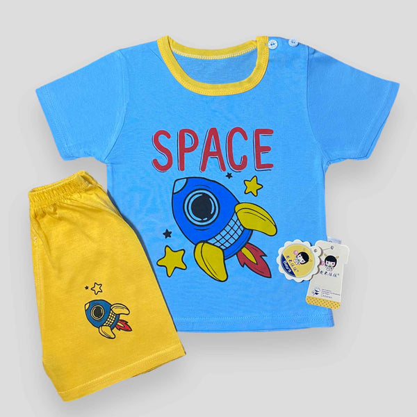 Space Rocket - Light Blue & Yellow - 2 Pcs Shirt & Short