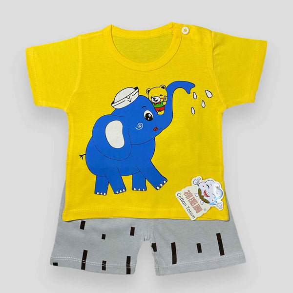 Mr Elephant - Yellow, Blue and Blue - 2 Pcs Shirt & Short