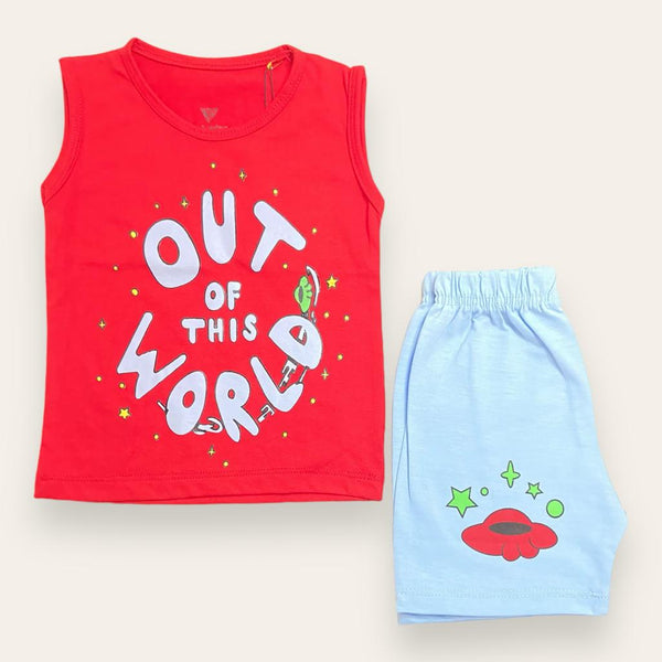 Out Of This World - Red Sando & Sky blue Short - 2 Pcs Suit